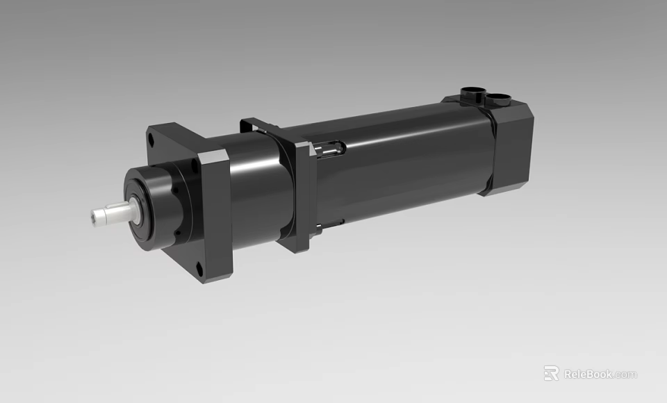 Industrial Equipment Hydraulic Cylinder With Black Cylindrical Body And Mounting Flange 3d model 
