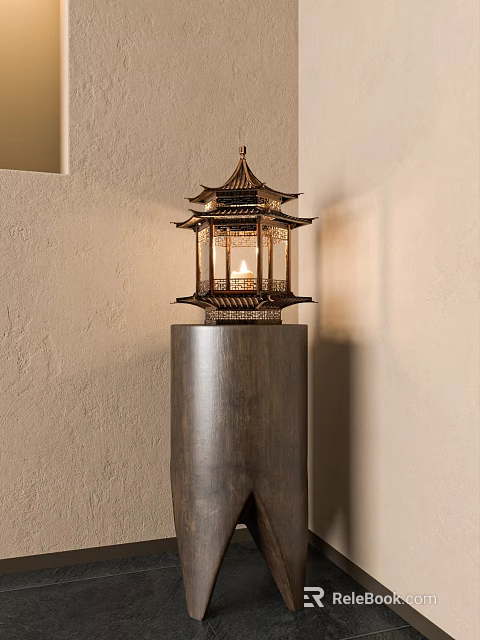 Chinese Pagoda Design Table Lamp With Metal Frame Glass Shade Wooden Base And Beige Wall 3d model 