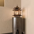 Chinese Pagoda Design Table Lamp With Metal Frame Glass Shade Wooden Base And Beige Wall