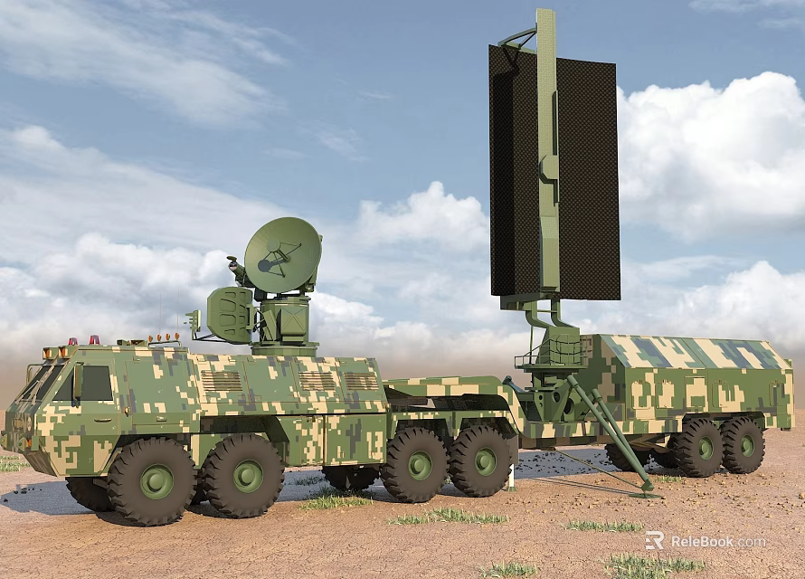 Military Camouflage Functional Vehicle With Radar System And Large Antenna 3d model 