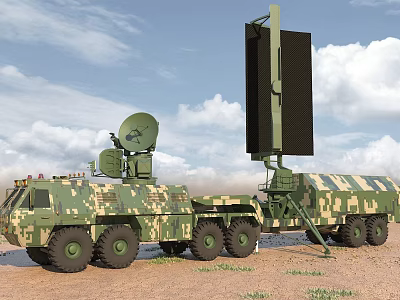 Military Camouflage Functional Vehicle With Radar System And Large Antenna 3d model