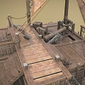 Wooden Boat House Sailing Boat House Canvas Cloth Old Wooden House Old Boat Mast Wooden Box Barrel Deck 3d model