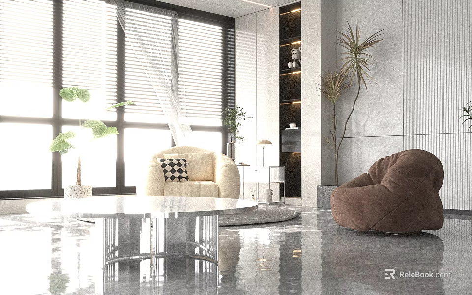 Modern Living Dining Room Interior With Stylish Sofa Coffee Table And Green Plants Decor 3d model 