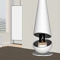 Modern White Conical Design Fireplace In Interior With Cabinetry And Flickering Flame