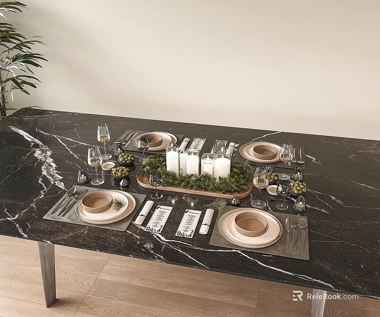 Stylish Dinnerware Set with Plates Glassware Napkins and Candles on Black Marble Dining Table 3d model 