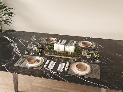 Stylish Dinnerware Set with Plates Glassware Napkins and Candles on Black Marble Dining Table 3d model