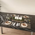 Stylish Dinnerware Set with Plates Glassware Napkins and Candles on Black Marble Dining Table