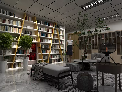 Modern Leisure Area With Bookshelves Books Green Plants Sofa And Comfortable Seating 3d model