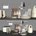 Modern Kitchen Utensils Toaster Oil Bottles Bowls and Towel Holder Organized