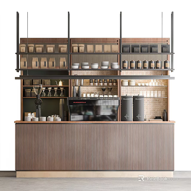 Wooden Coffee Bar With Vertical Stripes Coffee Machine Cups And Storage Shelves 3d model 