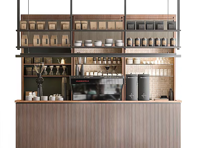 Wooden Coffee Bar With Vertical Stripes Coffee Machine Cups And Storage Shelves 3d model