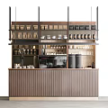 Wooden Coffee Bar With Vertical Stripes Coffee Machine Cups And Storage Shelves