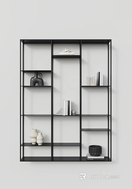 Modern Black Metal Frame Decorative Cabinet With Open Shelves And Decorative Vases Books 3d model 