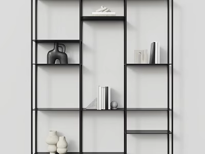 Modern Black Metal Frame Decorative Cabinet With Open Shelves And Decorative Vases Books 3d model