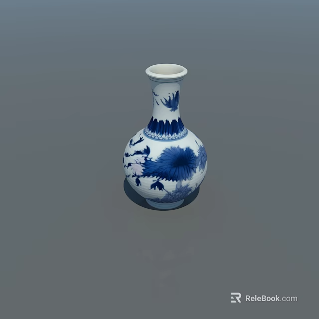 Elegant Blue and White Ceramic Vase With Floral Bird Patterns Round Body Design 3d model 