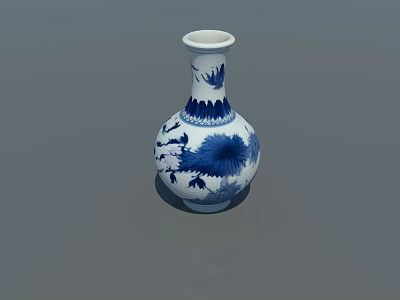 Elegant Blue and White Ceramic Vase With Floral Bird Patterns Round Body Design 3d model