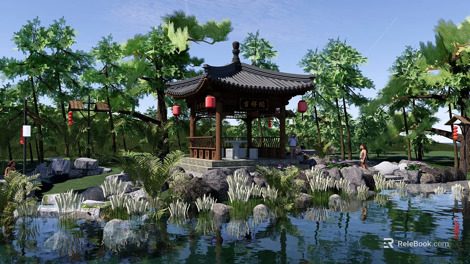 Traditional Chinese Garden Landscape With Wooden Pavilion Pond Rocks Trees And Red Lanterns 3d model 