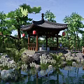 Traditional Chinese Garden Landscape With Wooden Pavilion Pond Rocks Trees And Red Lanterns