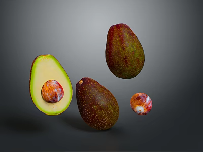 Vibrant Ripe Avocado Halved and Whole with Pit Showcasing Fresh Texture on Dark Background 3d model