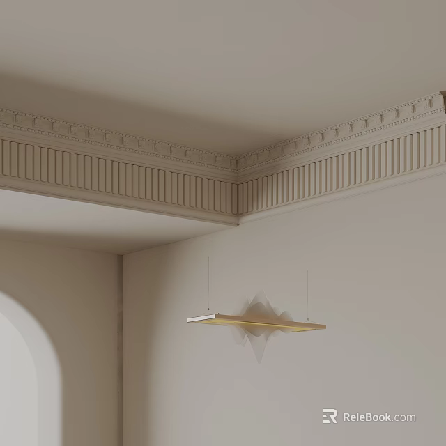 Modern Gold Long Chandelier Hanging in Room with Decorative Cornice Ceiling and Geometric Shadow 3d model 
