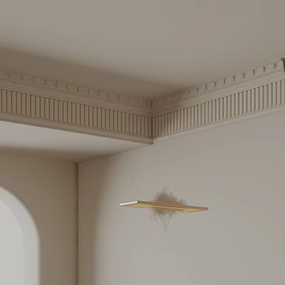 Modern Gold Long Chandelier Hanging in Room with Decorative Cornice Ceiling and Geometric Shadow 3d model
