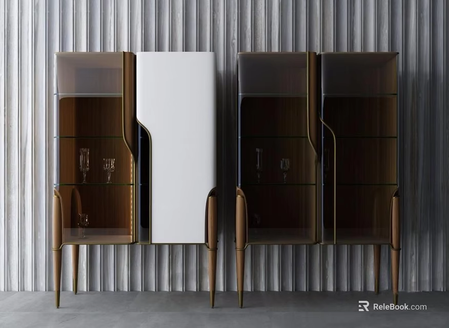 Modern Modular Wine Cabinet With Glass Doors And Wooden Frame Against Striped Wall 3d model 