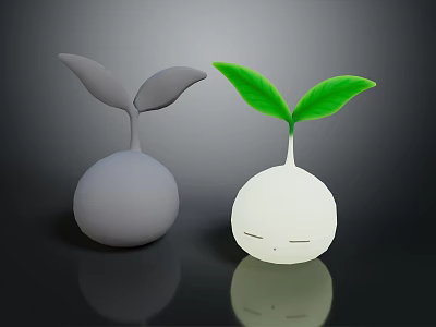 Cute Cartoon Plants Scene With Two Round Figures Different Colors Gray White Green Leaves Closed Eyes 3d model