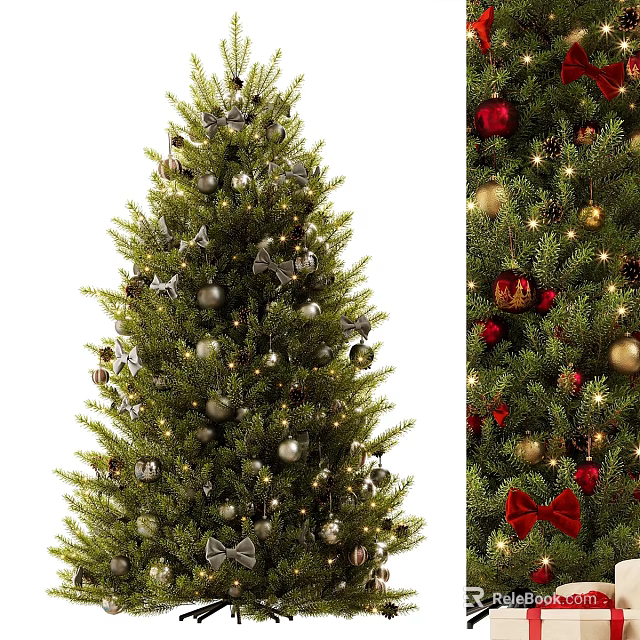 Elegant Christmas Tree Wall Decor With Silver Gold Ornaments Star Lights And Red Bows 3d model 