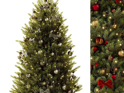 Elegant Christmas Tree Wall Decor With Silver Gold Ornaments Star Lights And Red Bows 3d model