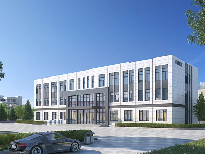 Modern Office Building With White Facade Glass Windows Grand Entrance Spacious Plaza Trees And Lawns 3d model