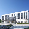 Modern Office Building With White Facade Glass Windows Grand Entrance Spacious Plaza Trees And Lawns