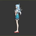 Game and Movie Character With Blue Green Long Hair White Blue Outfit And Pink Shoes