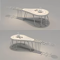 Modern Unique Coffee Table With Wooden Tabletop Metal Curved Base And Side Trays