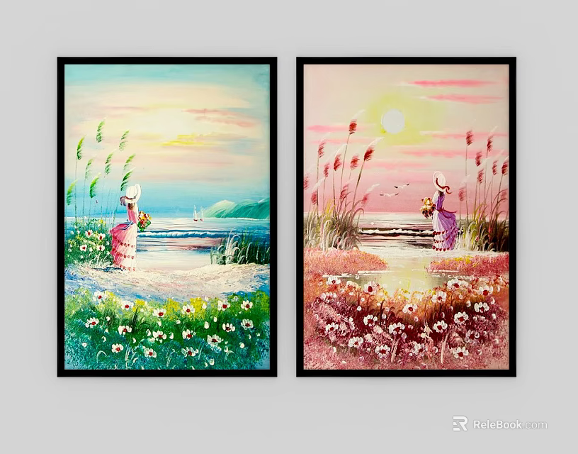 Two Landscape Paintings Featuring Figures in Pink Purple Clothing Grass Flowers Sea and Sunset 3d model 