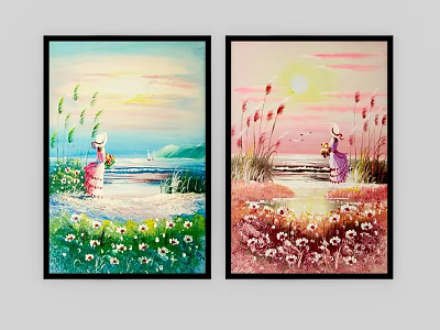 Two Landscape Paintings Featuring Figures in Pink Purple Clothing Grass Flowers Sea and Sunset 3d model