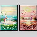 Two Landscape Paintings Featuring Figures in Pink Purple Clothing Grass Flowers Sea and Sunset