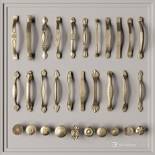 Metal Furniture Handles with Various Decorative Designs and Classic Shapes Displayed 3d model 