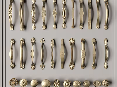 Metal Furniture Handles with Various Decorative Designs and Classic Shapes Displayed 3d model
