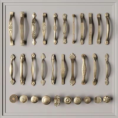 Metal Furniture Handles with Various Decorative Designs and Classic Shapes Displayed 3d model