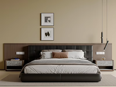 Double Bed With Leather Headboard Wooden Nightstands And Framed Wall Art Modern Bedroom Interior 3d model