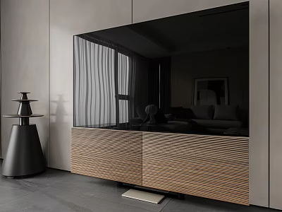 Modern Living Dining Room Interior With Woven Wooden Cabinets Large Mirror And Window 3d model