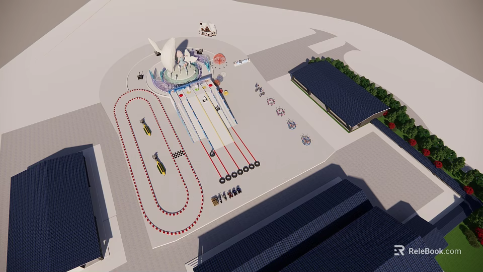 Outdoor Space Layout Design With Fountain Running Track And Buildings 3d model 