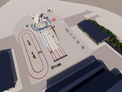 Outdoor Space Layout Design With Fountain Running Track And Buildings 3d model