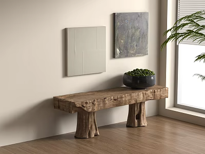 Wooden Console Table With Black Plant Pot And Two Paintings Near Window On Wooden Floor 3d model