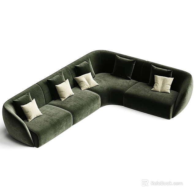 Modern Dark Green Velvet L shaped Sectional Sofa with Beige Cushions and Elegant Design 3d model 