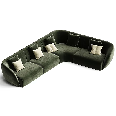 Modern Dark Green Velvet L shaped Sectional Sofa with Beige Cushions and Elegant Design 3d model
