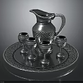 Silver Pitcher and Goblets Set on Ornate Tray with Intricate Patterns for Home Use