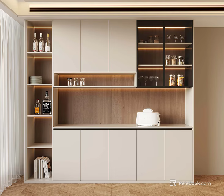Modern Open Kitchen Interior With Sleek Cabinets Glass Shelves And Coffee Maker 3d model