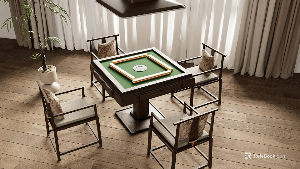 Modern Entertainment Table With Green Top Four Cushioned Chairs On Wooden Floor And White Curtains 3d model 