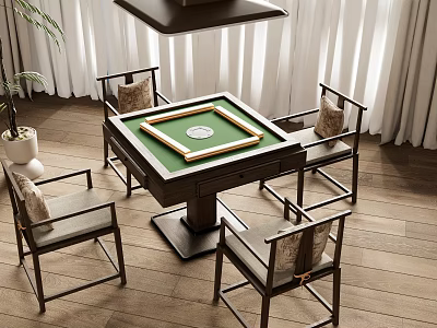 Modern Entertainment Table With Green Top Four Cushioned Chairs On Wooden Floor And White Curtains 3d model